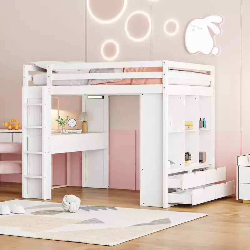 Bellemave Letto a soppalco a una piazza e mezza con ampie mensole, scrivania e luce LED, bianco