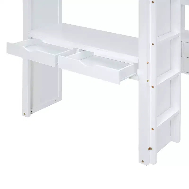 Bellemave Letto a soppalco a una piazza e mezza con ampie mensole, scrivania e luce LED, bianco