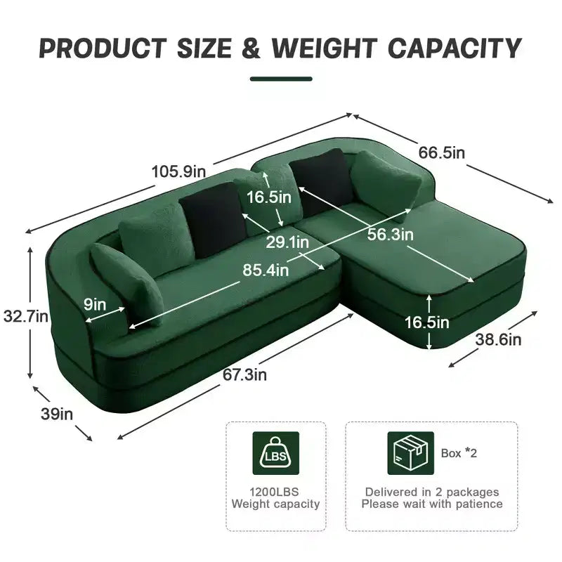 106 Divano Senza Struttura in Tessuto Teddy 32D, design a colori a contrasto, Divano Morbido e Comodo con Chaise Longue a L, per Soggiorno, Bianco