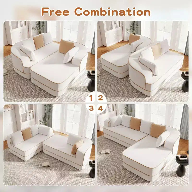 106 Divano Senza Struttura in Tessuto Teddy 32D, design a colori a contrasto, Divano Morbido e Comodo con Chaise Longue a L, per Soggiorno, Bianco