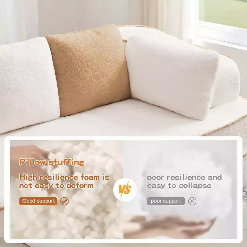 106 Divano Senza Struttura in Tessuto Teddy 32D, design a colori a contrasto, Divano Morbido e Comodo con Chaise Longue a L, per Soggiorno, Bianco