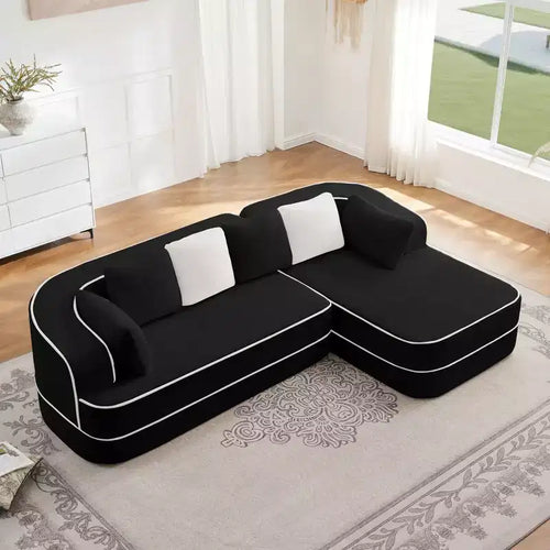 106 Divano Senza Struttura in Tessuto Teddy 32D, design a colori a contrasto, Divano Morbido e Comodo con Chaise Longue a L, per Soggiorno, Bianco
