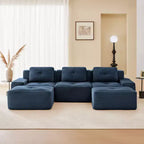 Divano modulare a U moderno 117 in tessuto a coste per soggiorno, divano a 3 posti con seduta profonda e 2 pouf, color cammello
