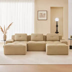 Divano modulare a U moderno 117 in tessuto a coste per soggiorno, divano a 3 posti con seduta profonda e 2 pouf, color cammello