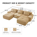 Divano modulare a U moderno 117 in tessuto a coste per soggiorno, divano a 3 posti con seduta profonda e 2 pouf, color cammello