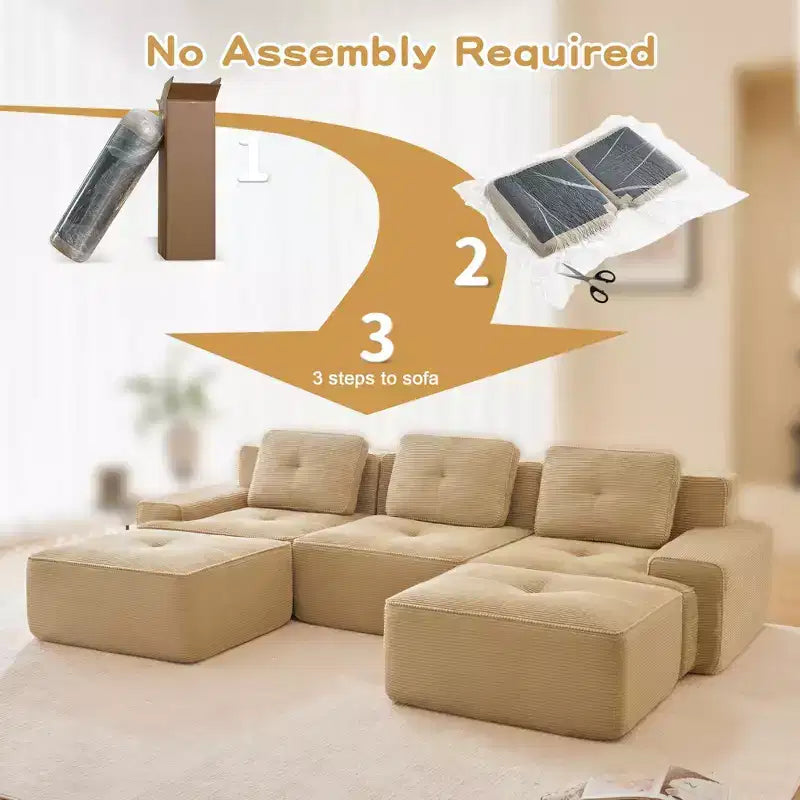 Divano modulare a U moderno 117 in tessuto a coste per soggiorno, divano a 3 posti con seduta profonda e 2 pouf, color cammello