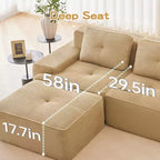 Divano modulare a U moderno 117 in tessuto a coste per soggiorno, divano a 3 posti con seduta profonda e 2 pouf, color cammello