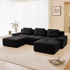 Divano modulare a U moderno 117 in tessuto a coste per soggiorno, divano a 3 posti con seduta profonda e 2 pouf, color cammello
