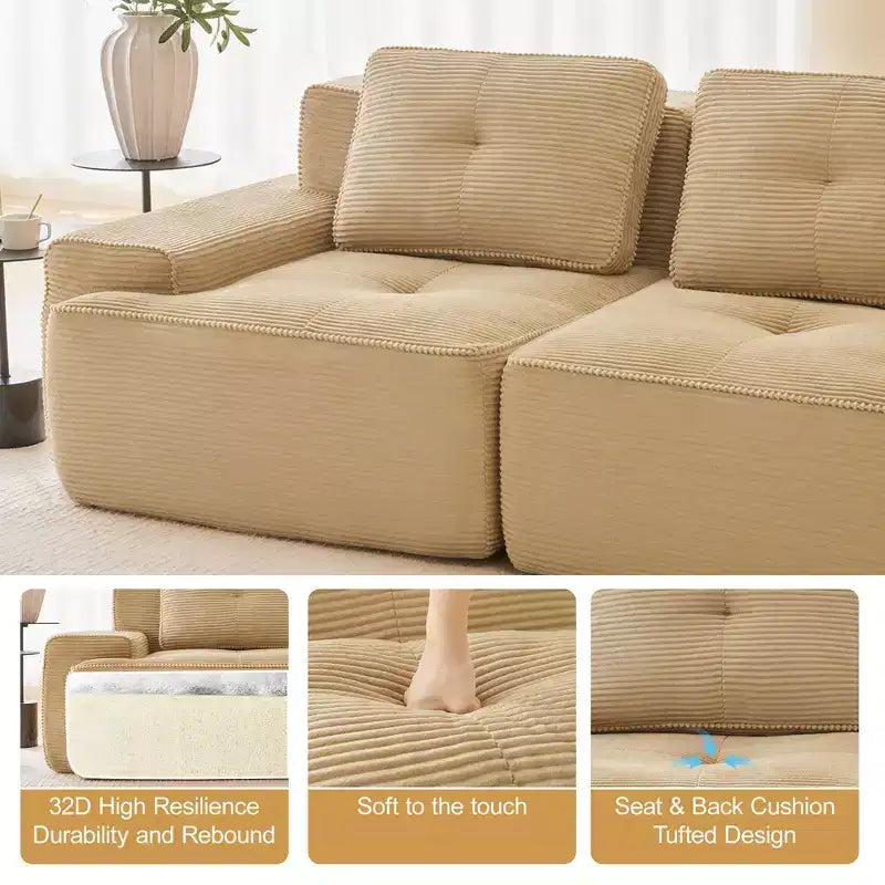 Divano modulare a U moderno 117 in tessuto a coste per soggiorno, divano a 3 posti con seduta profonda e 2 pouf, color cammello