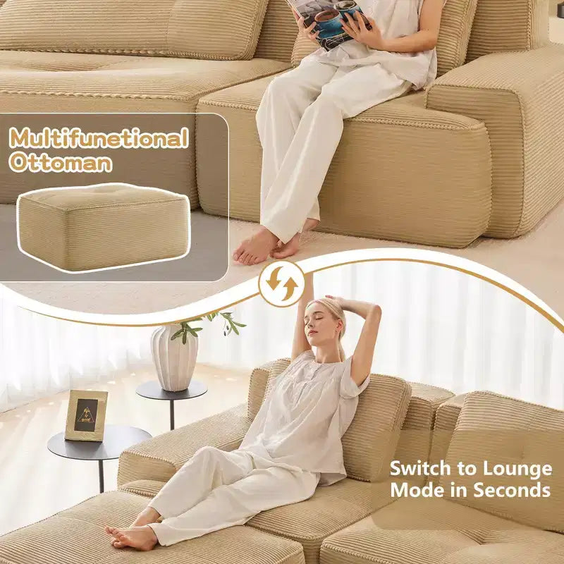 Divano modulare a U moderno 117 in tessuto a coste per soggiorno, divano a 3 posti con seduta profonda e 2 pouf, color cammello