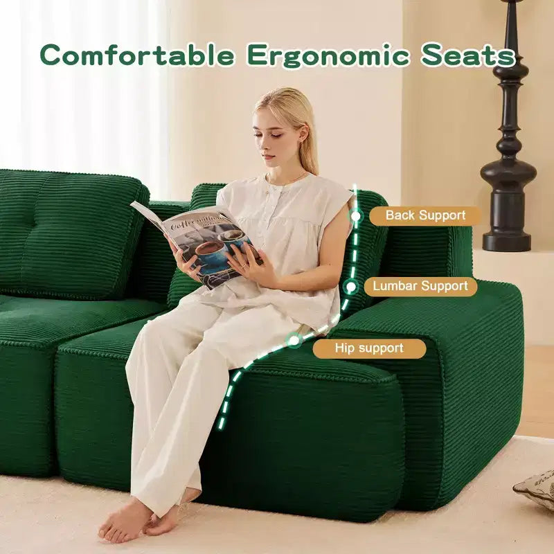 Divano modulare a U moderno 117 in tessuto a coste per soggiorno, divano a 3 posti con seduta profonda e 2 pouf, color cammello