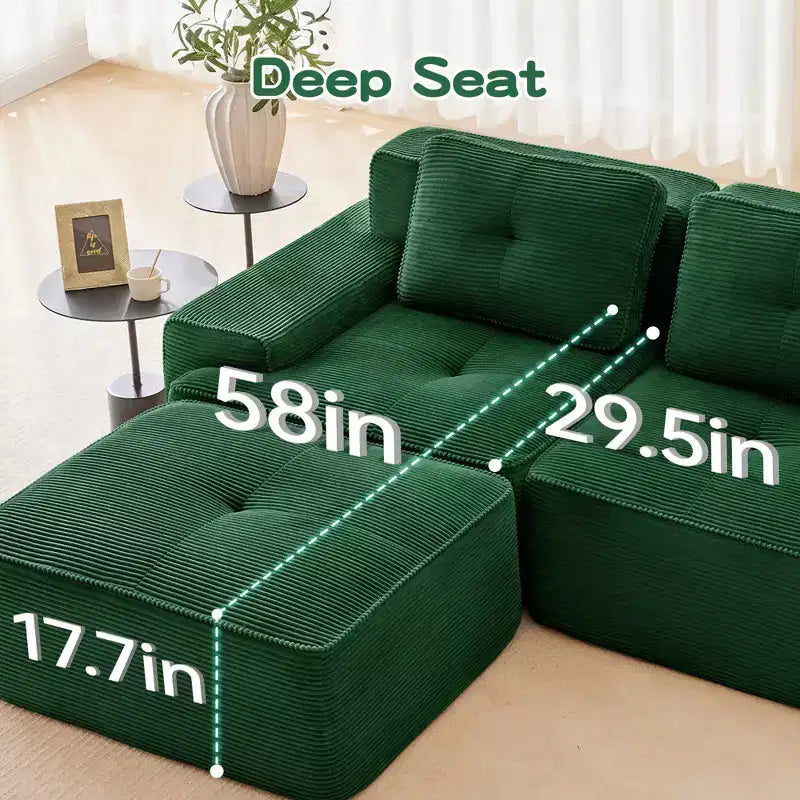 Divano modulare a U moderno 117 in tessuto a coste per soggiorno, divano a 3 posti con seduta profonda e 2 pouf, color cammello