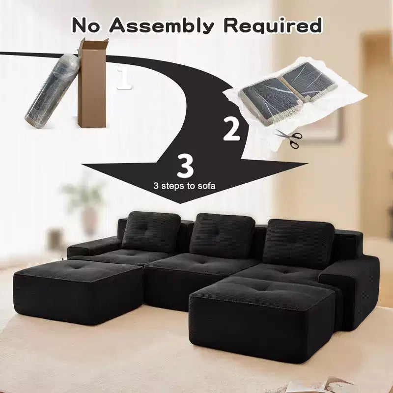 Divano modulare a U moderno 117 in tessuto a coste per soggiorno, divano a 3 posti con seduta profonda e 2 pouf, color cammello