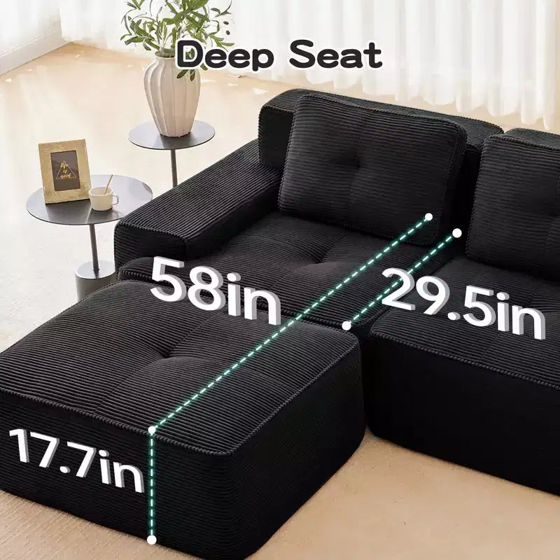 Divano modulare a U moderno 117 in tessuto a coste per soggiorno, divano a 3 posti con seduta profonda e 2 pouf, color cammello