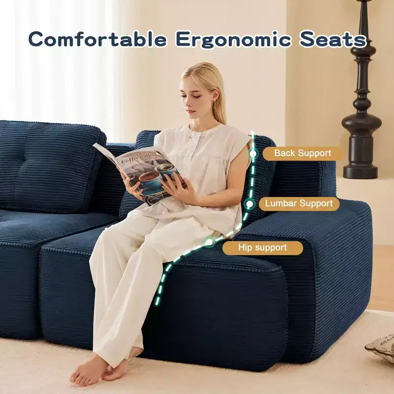 Divano componibile moderno a L 117 per soggiorno, in tessuto a coste, divano a 3 posti con seduta profonda e pouf mobile, color cammello