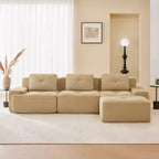 Divano componibile moderno a L 117 per soggiorno, in tessuto a coste, divano a 3 posti con seduta profonda e pouf mobile, color cammello