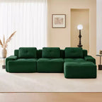 Divano componibile moderno a L 117 per soggiorno, in tessuto a coste, divano a 3 posti con seduta profonda e pouf mobile, color cammello