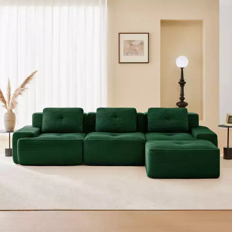 Divano componibile moderno a L 117 per soggiorno, in tessuto a coste, divano a 3 posti con seduta profonda e pouf mobile, color cammello