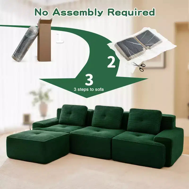 Divano componibile moderno a L 117 per soggiorno, in tessuto a coste, divano a 3 posti con seduta profonda e pouf mobile, color cammello