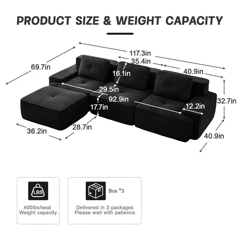 Divano componibile moderno a L 117 per soggiorno, in tessuto a coste, divano a 3 posti con seduta profonda e pouf mobile, color cammello