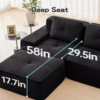 Divano componibile moderno a L 117 per soggiorno, in tessuto a coste, divano a 3 posti con seduta profonda e pouf mobile, color cammello