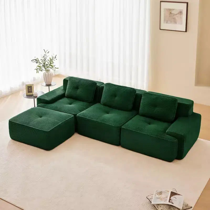 Divano componibile moderno a L 117 per soggiorno, in tessuto a coste, divano a 3 posti con seduta profonda e pouf mobile, color cammello