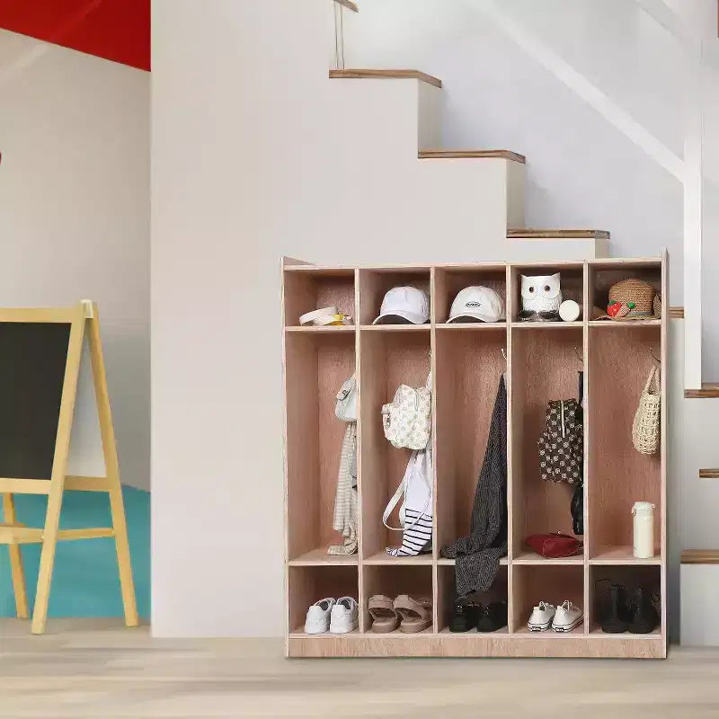 Armadietto per bambini in legno a 5 sezioni con 5 ganci, 4 ruote, 2 organizer, cubby portaoggetti per l'asilo nido a misura di bambino, per la scuola a casa e l'asilo