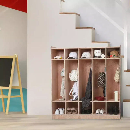 Armadietto per bambini in legno a 5 sezioni con 5 ganci, 4 ruote, 2 organizer, cubby portaoggetti per l'asilo nido a misura di bambino, per la scuola a casa e l'asilo
