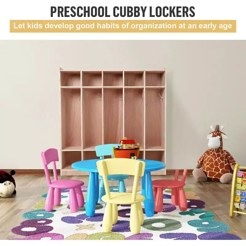 Armadietto per bambini in legno a 5 sezioni con 5 ganci, 4 ruote, 2 organizer, cubby portaoggetti per l'asilo nido a misura di bambino, per la scuola a casa e l'asilo