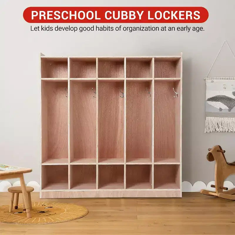 Armadietto per bambini in legno a 5 sezioni con 5 ganci, 4 ruote, 2 organizer, cubby portaoggetti per l'asilo nido a misura di bambino, per la scuola a casa e l'asilo