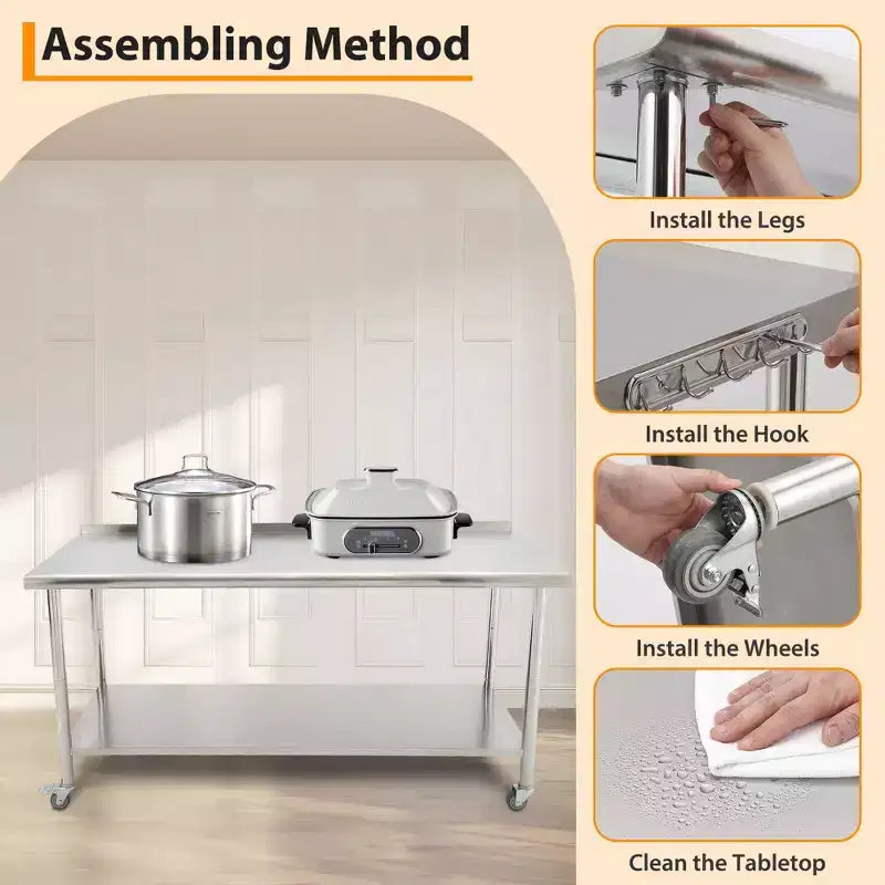 COZONY Banco da Lavoro in Acciaio Inox, Tavolo da Cucina Commerciale con Ripiano Inferiore, Postazione di Preparazione in Metallo Resistente per Ristorante, Panetteria, Catering