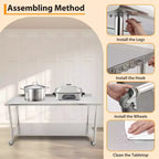 COZONY Banco da Lavoro in Acciaio Inox, Tavolo da Cucina Commerciale con Ripiano Inferiore, Postazione di Preparazione in Metallo Resistente per Ristorante, Panetteria, Catering