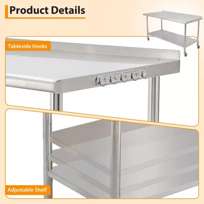 COZONY Banco da Lavoro in Acciaio Inox, Tavolo da Cucina Commerciale con Ripiano Inferiore, Postazione di Preparazione in Metallo Resistente per Ristorante, Panetteria, Catering