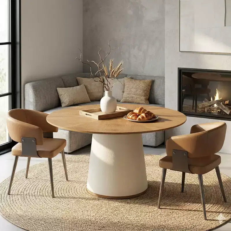 Tavolo da pranzo rotondo da 150 cm con base in legno massello e piedistallo rivestito in similpelle, tavolo da cucina moderno per sala da pranzo Gaoyangjiaju