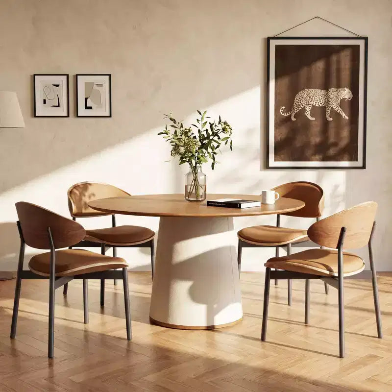 Tavolo da pranzo rotondo da 150 cm con base in legno massello e piedistallo rivestito in similpelle, tavolo da cucina moderno per sala da pranzo Gaoyangjiaju