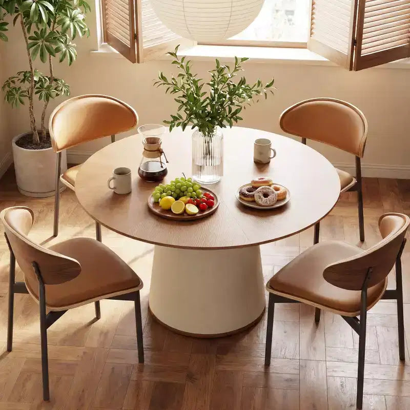 Tavolo da pranzo rotondo da 150 cm con base in legno massello e piedistallo rivestito in similpelle, tavolo da cucina moderno per sala da pranzo Gaoyangjiaju