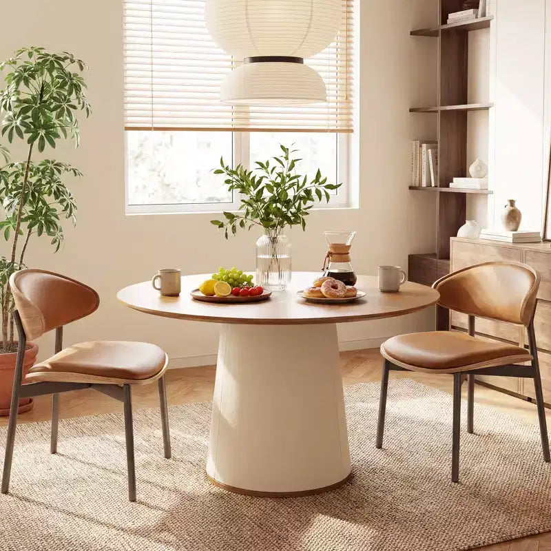 Tavolo da pranzo rotondo da 150 cm con base in legno massello e piedistallo rivestito in similpelle, tavolo da cucina moderno per sala da pranzo Gaoyangjiaju