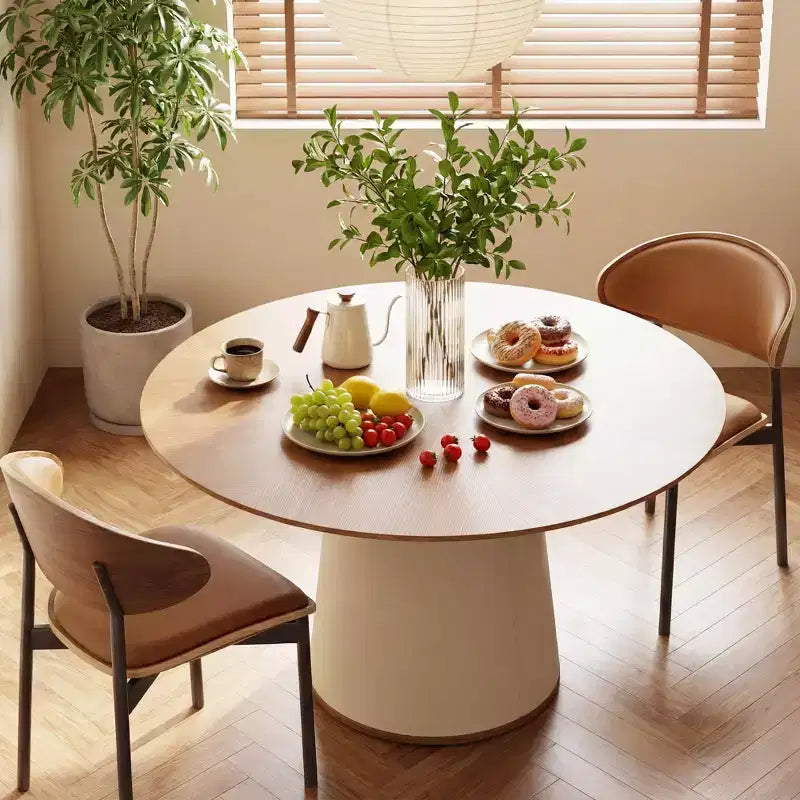 Tavolo da pranzo rotondo da 150 cm con base in legno massello e piedistallo rivestito in similpelle, tavolo da cucina moderno per sala da pranzo Gaoyangjiaju