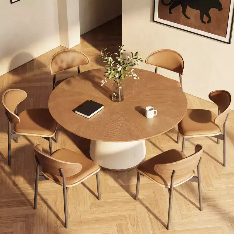 Tavolo da pranzo rotondo da 150 cm con base in legno massello e piedistallo rivestito in similpelle, tavolo da cucina moderno per sala da pranzo Gaoyangjiaju
