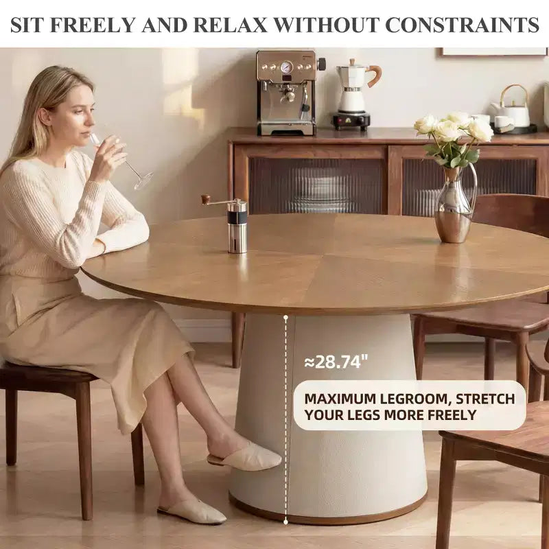 Tavolo da pranzo rotondo da 150 cm con base in legno massello e piedistallo rivestito in similpelle, tavolo da cucina moderno per sala da pranzo Gaoyangjiaju