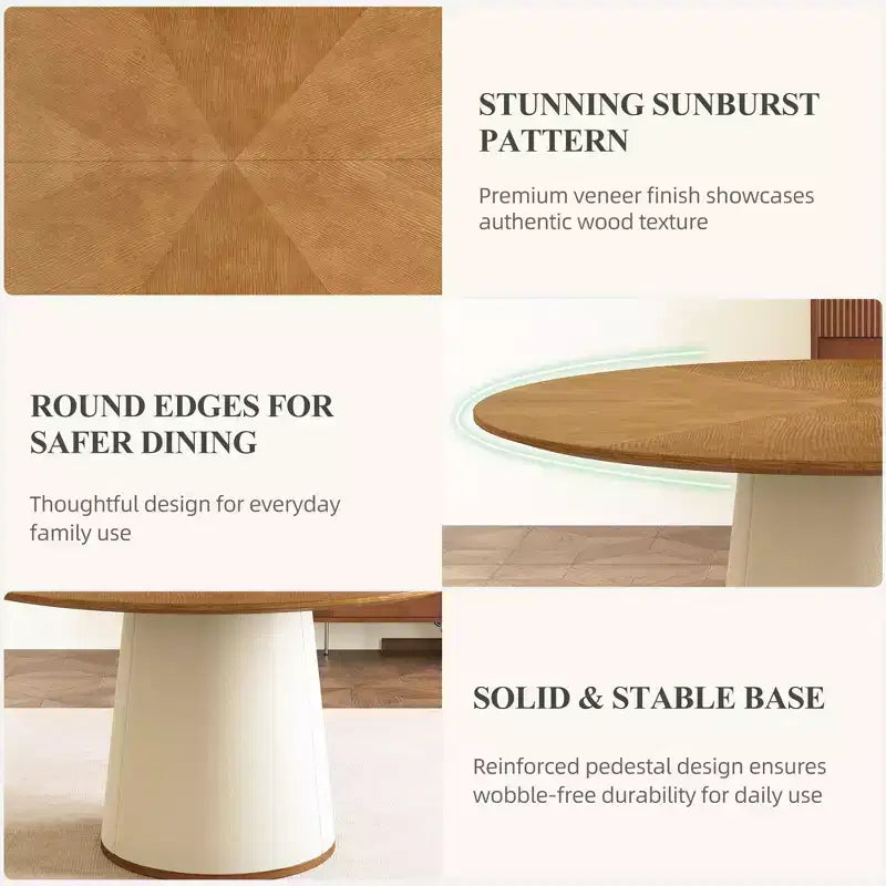 Tavolo da pranzo rotondo da 150 cm con base in legno massello e piedistallo rivestito in similpelle, tavolo da cucina moderno per sala da pranzo Gaoyangjiaju