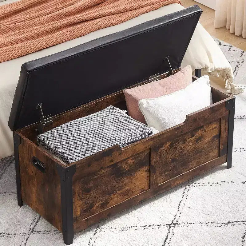 Panca contenitore, cassapanca retrò in legno con 2 cerniere di sicurezza, capacità di carico 136 kg, panca ottomana contenitore per camera da letto e soggiorno, rustica