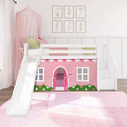 Letto a castello basso Twin su Twin con scale, scivolo facile e tenda in stile rustico rosa chiaro e bianca