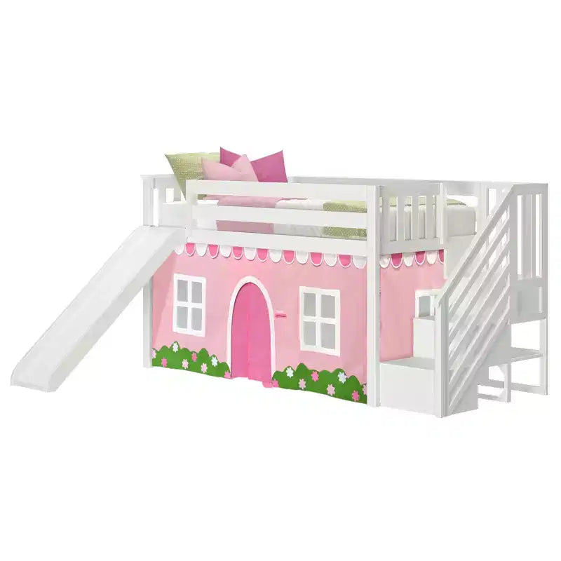 Letto a castello basso Twin su Twin con scale, scivolo facile e tenda in stile rustico rosa chiaro e bianca