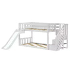 Letto a castello basso Twin su Twin con scale, scivolo facile e tenda in stile rustico rosa chiaro e bianca