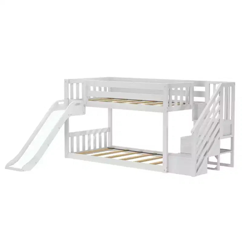 Letto a castello basso Twin su Twin con scale, scivolo facile e tenda in stile rustico rosa chiaro e bianca