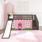 Letto a castello basso Twin su Twin con scale, scivolo facile e tenda in stile rustico rosa chiaro e bianca