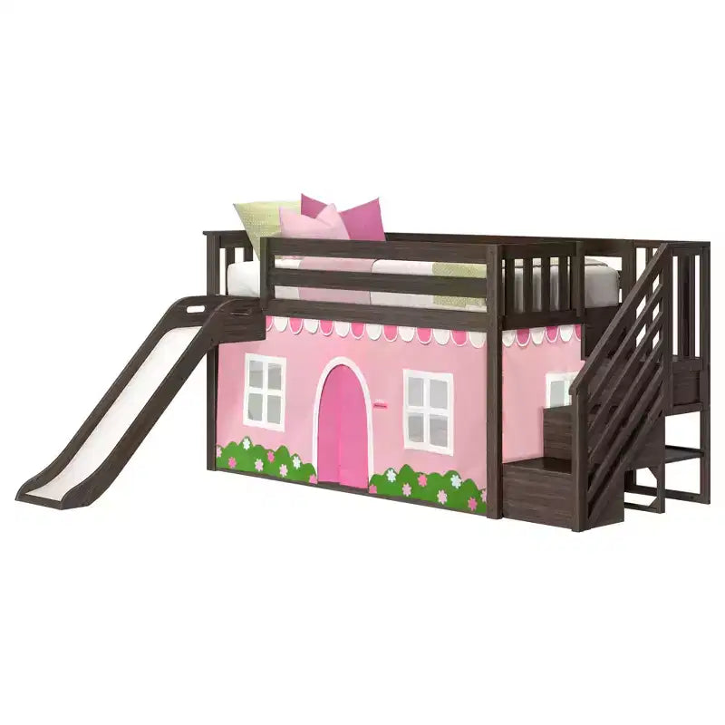 Letto a castello basso Twin su Twin con scale, scivolo facile e tenda in stile rustico rosa chiaro e bianca