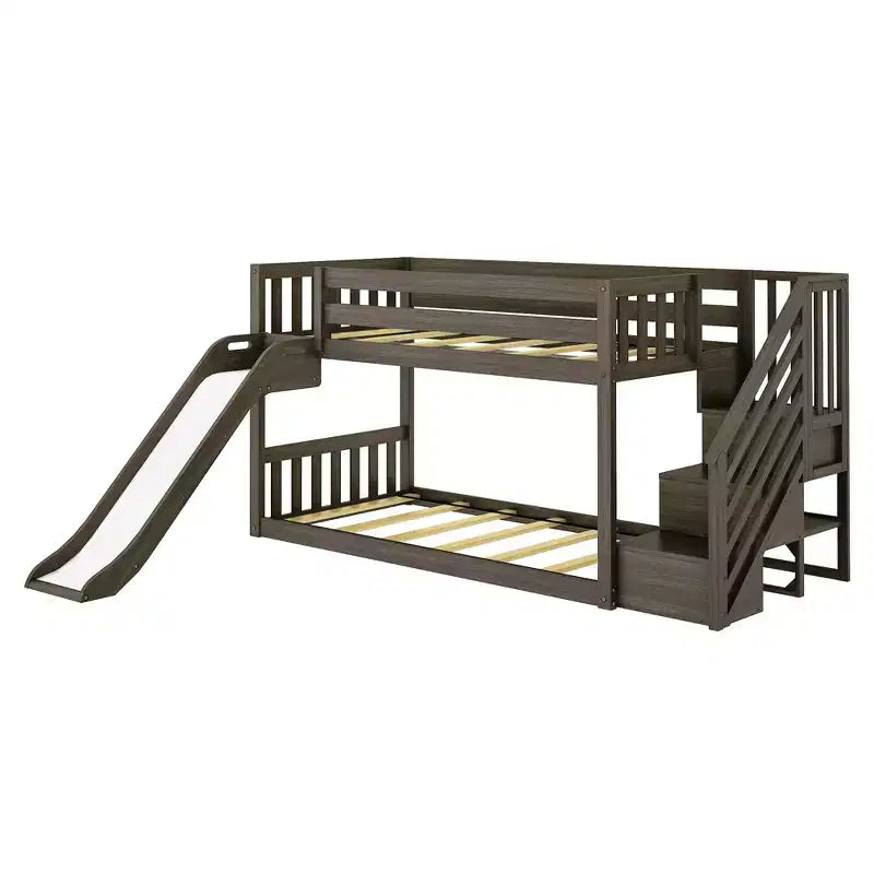 Letto a castello basso Twin su Twin con scale, scivolo facile e tenda in stile rustico rosa chiaro e bianca