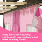 Letto a castello basso Twin su Twin con scale, scivolo facile e tenda in stile rustico rosa chiaro e bianca